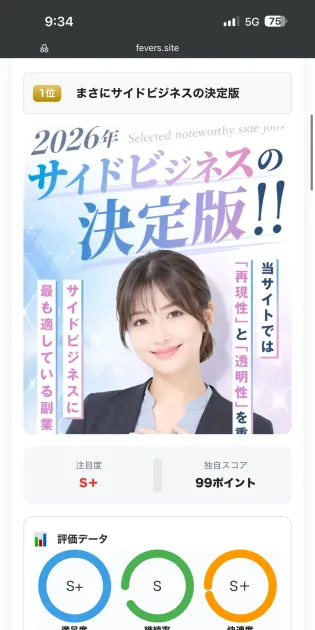 fevers.siteというサイトでサイドビジネスの決定版が1位、注目度S+、独自スコア99ポイントと評価されている