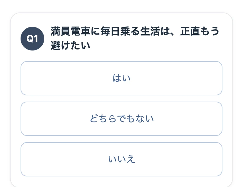「当てはまるものを選んでください」という質問に、はい・どちらでもない・いいえで答えるフリサポの診断画面