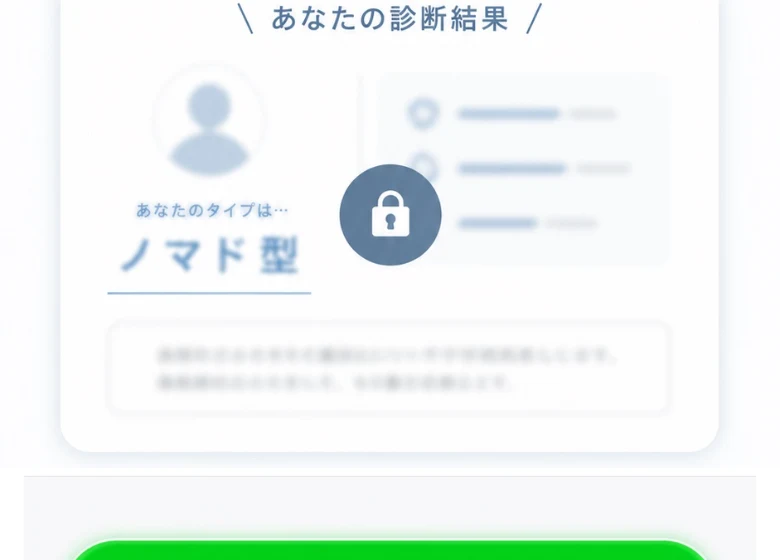 診断結果として「あなたのタイプは…ノマド型」とだけ表示され、詳しい内容には鍵がかかってぼかされている画面
