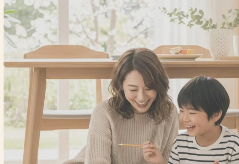 ダイニングで子どもに寄り添う母親の写真。運営会社が展開する女性向けサービス「ママサポ」のイメージ
