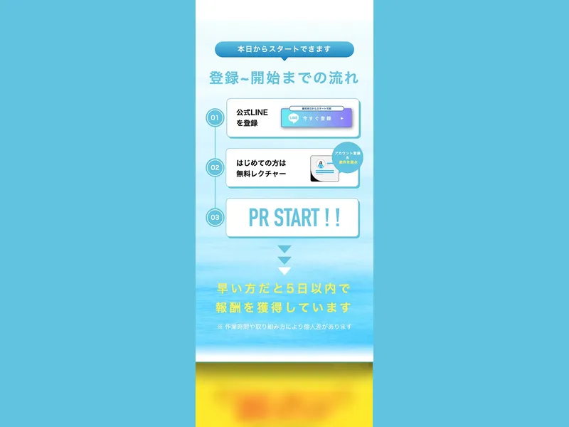 WorkLifeの登録から開始までの流れで「LINE登録→無料レクチャー→PR START」と3ステップが表示されている