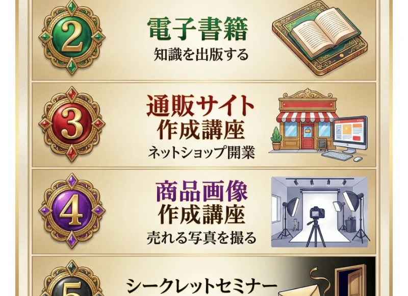 オンライン講座・電子書籍・通販サイト作成講座・商品画像作成講座・シークレットセミナーという5つの特典を並べた広告