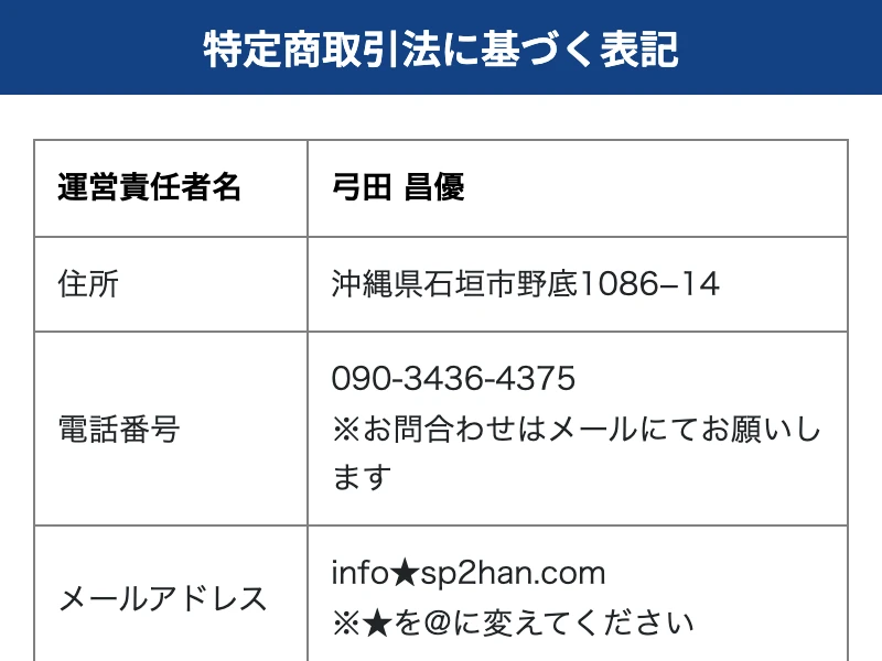 次世代通販の特定商取引法に基づく表記。運営責任者・弓田昌優、住所は沖縄県石垣市と記載されている
