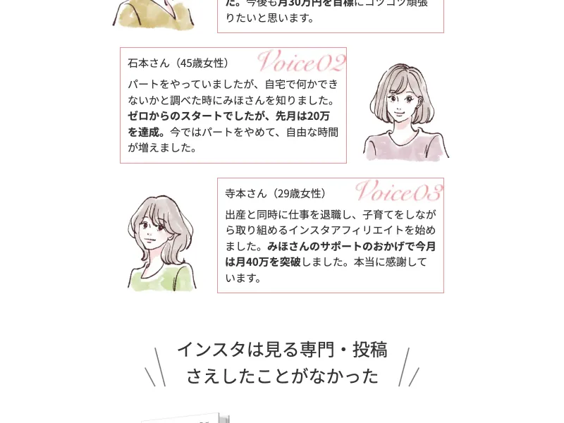 みほのノウハウを実践した方の声として石本さん（45歳）と寺本さん（29歳）の体験談が掲載されている