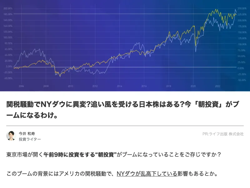 ロジャー堀の朝の10分間トレードWEB講座の広告ページで「朝投資」がブームと謳い、株価チャートを掲載している