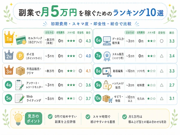 副業で月5万円を稼ぐためのおすすめ副業ランキング