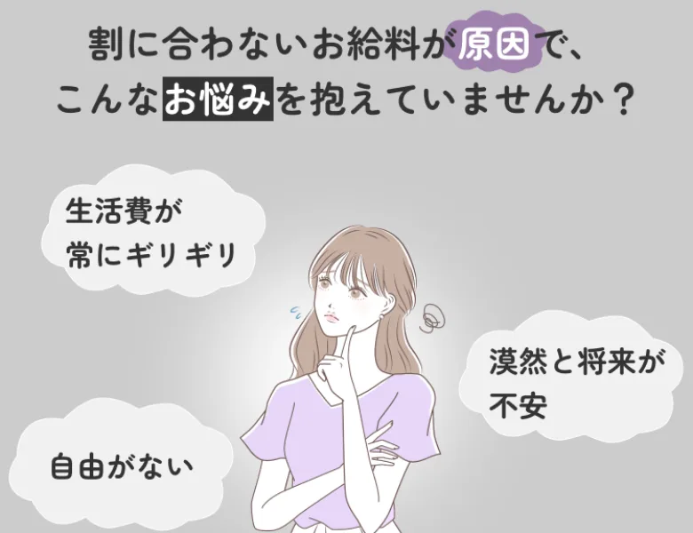 割に合わないお給料が原因で、生活費が常にギリギリ、漠然と将来が不安といったお悩みを抱えていないかと問いかける広告