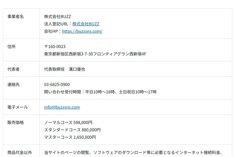 株式会社BUZZ、代表取締役 溝口優也、東京都新宿区西新宿の住所や電話番号が記載された特定商取引法に基づく表記